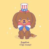 patriotique chien portant fête chapeau et arc dans couleurs de américain drapeau. marrant vacances dessin animé kawaii personnage. américain indépendance journée. vecteur