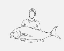 un ligne art de Masculin pêcheur en portant une grand poisson. modifiable accident vasculaire cérébral. isolé sur blanc Contexte. graphique illustration. vecteur