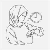 continu ligne dessin de une musulman femme à la recherche à une montre. modifiable accident vasculaire cérébral. graphique illustration. vecteur