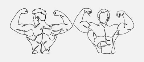 ensemble de deux Masculin bodybuilder de face et retour voir. spectacles le biceps muscles de le main. continu un ligne dessin. sport Gym en forme corps faire des exercices concept. graphique illustration. vecteur