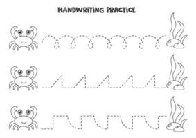 tracer des lignes avec du crabe mignon et des algues. pratique de l'écriture. vecteur