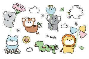 ensemble de mignonne animaux avec fleur dans divers poses.été.printemps.koala ours, singe, hippopotame, serpent, lion, colombe main dessiné.dessin animé personnage.florals.kawaii.illustration. vecteur