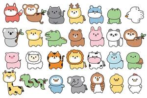 gros ensemble de animaux main dessiner dessin animé supporter sur blanc background.wild, ferme, animal de compagnie, rongeur, reptile, oiseau animal collection.cute personnage sourire visage design.enfant graphique.kawaii.illustration. vecteur