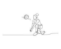 continu Célibataire ligne dessin de femelle volley-ball joueur squats tandis que blocage le de l'adversaire attaquer balle. volley-ball tournoi un événement . conception illustration vecteur
