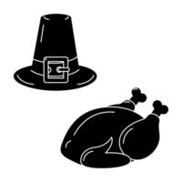 pèlerin chapeau et rôti dinde classique symboles de action de grâces silhouette logo icône conception concept vecteur