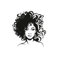 stylisé noir et blanc illustration de femme avec frisé cheveux vecteur