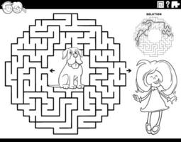 Labyrinthe Jeu avec dessin animé fille et sa chiot coloration page vecteur