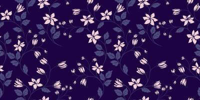 épanouissement minuscule sauvage floral tiges entrelacés dans une sans couture modèle sur une foncé bleu Contexte. abstrait artistique formes branches avec idiot fleurs, bourgeons, petit feuilles impression. main dessin vecteur
