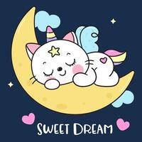 mignonne chat Licorne sommeil sur lune sucré rêver Fée contes vecteur