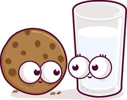 mignonne petit déjeuner casse-croûte personnages, verre de Lait et biscuit. dessin animé verre de Lait et Chocolat puce biscuit personnages. vecteur