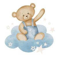 nounours ours aquarelle illustration. dessin de peu mignonne animal dans pastel marron et bleu couleurs pour bébé douche invitations ou content anniversaire salutation cartes. personnage avec nuage et étoiles pour garçon vecteur