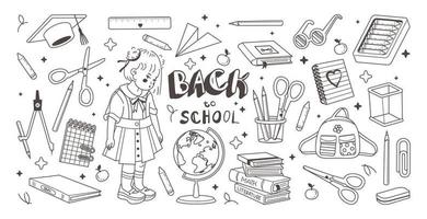 doodle collection de fournitures scolaires. illustration dessinée à la main. concept de retour à l'école. vecteur sur fond blanc