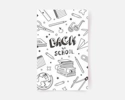 affiche de retour à l'école. illustration monochrome dessinée à la main avec des fournitures scolaires dans un style doodle. concept d'éducation. vecteur sur fond blanc