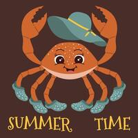 mignonne Crabe sur le plage. été temps. dessin animé marrant illustration de une Crabe portant une chapeau et tongs vecteur