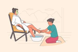 femme visites spa salon et jouit pied massage service, séance dans chaise avec cosmétique masque sur visage vecteur