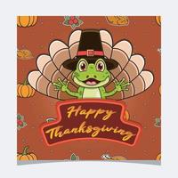 carte de Thanksgiving heureuse avec un joli design de personnage de grenouille. carte de voeux, affiche, flyer et invitation. vecteur