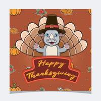 carte de Thanksgiving heureuse avec un joli design de personnage de rhinocéros. carte de voeux, affiche, flyer et invitation. vecteur