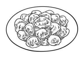 Dumplings vareniki dans une plaque. main tiré illustration, esquisser sur une blanc Contexte. vecteur