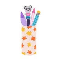 mignonne main tiré crayon tasse avec étoile modèle dans dessin animé style. papeterie récipient avec crayon et différent des stylos. école tasse, titulaire Cas pour Bureau fournitures. isolé retour à école clipart. vecteur