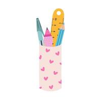 mignonne main tiré crayon tasse avec cœur modèle dans dessin animé style. papeterie récipient avec crayon, stylo, règle. école tasse et titulaire Cas pour Bureau fournitures. coloré retour à école clipart. vecteur