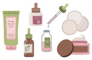 faciale se soucier produits de beauté. crème, sérum et peeling tampons à hydrater et purifier le peau. plat illustration pour conception et autocollants. vecteur