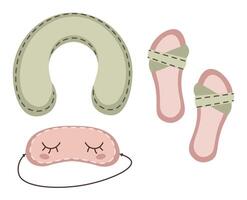 ensemble de des choses pour une confortable avion voyage sur un isolé Contexte. cou oreiller, sommeil masque et chaussons. vacances, Voyage autour le monde. main dessiné. coloré plat vecteur