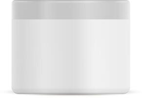 blanc Plastique crème pot. visage cosmétique récipient. bouteille pour corps crème ou lotion. 3d rond emballage avec couverture pour poudre, frotter, beurre. médical pommade produit paquet. peau se soucier vecteur