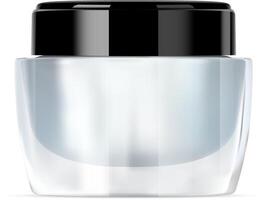 verre crème pot. luxe cosmétique récipient maquette. peau se soucier gel ou frotter emballage avec brillant noir Plastique couvercle. visage médical crème transparent pack modèle conception. vecteur