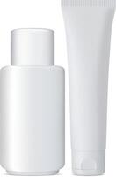 cosmétique tube et bouteille maquette ensemble. dent pâte pack avec couvercle. shampooing cylindre emballer. réaliste isolé blanc 3d récipient modèle. visage et peau se soucier produit paquet. écraser cylindre emballage vecteur