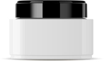 opaque verre pot pour cosmétique crème avec noir brillant Plastique casquette. luxe marque prime poudre beauté récipient. réaliste 3d crème emballage maquette modèle. faciale produit illustration. vecteur