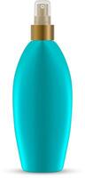 aérosol vaporisateur turquoise bouteille. crème solaire protection pétrole pulvérisateur. mer vitamine corps humidité essence. réaliste ovale paquet pour solaire protection produit. cheveux se soucier produit 3d récipient. vecteur