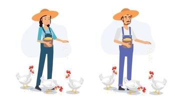 concept d'agriculture, ensemble d'agriculteurs heureux alimentent l'illustration de personnage de dessin animé 2d de vecteur de poulet.flat.