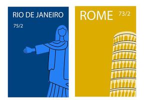 Voyage les destinations Rome et Rio de janeiro affiches ensemble vecteur