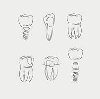 les dents collection implant, croisillons, dent couronne, dentaire joint dessin dans linéaire style sur blanc Contexte vecteur