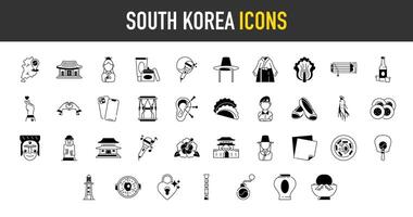 Sud Corée Icônes ensemble. tel comme ok, chapeau, coréen, Kimchi, ventilateur, masque, ginseng, Bibimbap, gayageum, gimbap, hwaseong, clé chaîne, hanbok, k-pop, komusine, phare, l'amour icône illustration. vecteur