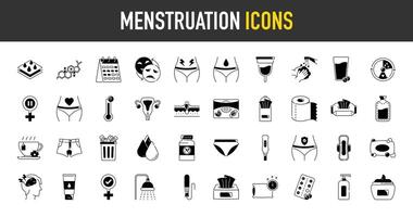 menstruation Icônes ensemble. tel comme période, mensuel menstruel cycle, calendrier, aimer, tasse, pantalon, crampes, sanitaire tampon, tampon, absorber, dormir, douleur relief, humide lingettes, mal de crâne . hygiène des produits vecteur