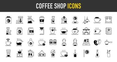 café magasin Icônes ensemble. tel comme haricots, goutteur, paquet, papier tasse, tableau, siphon, sirop, menu, cappuccino, tablier, barman, la caissière machine, haricots, broyeur, latté, moulin, pot, Expresso, icône. vecteur