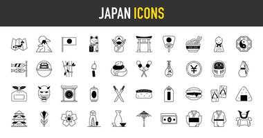 Japon icône ensemble. tel comme maneki neko, vent carillons, carte, saké, onigiri, Fuji montagne, Kabuki, casque, des pierres, Sushi, daruma, bambou, pièce de monnaie, dango, boire, obtenir un, gong, katana Icônes illustration. vecteur