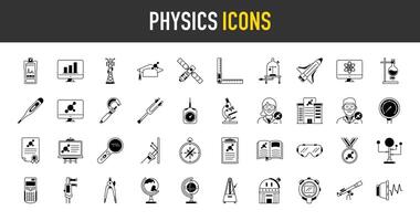 la physique Icônes ensemble. tel comme spectromètre, vaisseau spatial, microscope, Satellite, atome, laboratoire, vide, livre, molécule, scientifique, règle, jauge, astronomie, globe, graphique, boussole icône. vecteur