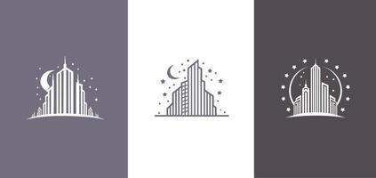 ville bâtiment logo ou gratte-ciel décoré avec étoiles dans linéaire conception illustration gratuit style vecteur