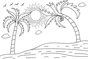 été le coucher du soleil tropical plage ligne art ensoleillement paysage, main tiré le coucher du soleil et lever du soleil contour paysage tropical plage, paume arbre avec le coucher du soleil vagues la nature voir, des gamins dessin plage coloration pages vecteur