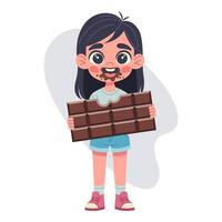 content fille en portant Chocolat bar, dessiné à la main, plat illustration, blanc Contexte vecteur