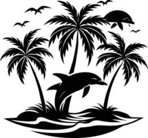 dauphin et paume des arbres dans le océan vecteur