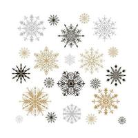 ensemble de flocons de neige or, noirs et gris détaillés isolés sur blanc. illustration vectorielle. vecteur