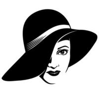 femme visage dans chapeau. noir et blanc pochoir dessin. clipart isolé sur blanche. vecteur