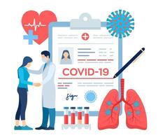 diagnostic médical - coronavirus 2019-ncov. concept médical de covid-19. médecin prenant soin du patient. symptômes du coronavirus. infection pulmonaire. risque dangereux de pandémie de virus corona. illustration vectorielle. vecteur