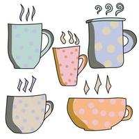 ensemble de tasse de griffonnage mignon avec boisson chaude, couleurs rose, orange, bleu et gris de tasse avec motif de cercles, illustration vectorielle avec contour noir vecteur