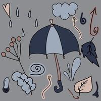 doodle ensemble d'éléments d'automne mignons, couleurs de parapluie bleu et rose, parties de plantes et griffonnages, illustration vectorielle à la main vecteur