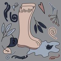 bottes en caoutchouc dans une flaque d'eau, semant des éléments décoratifs, des feuilles, des baies et des boucles, illustration vectorielle vecteur