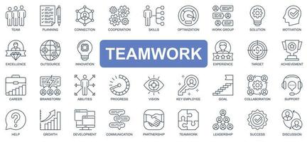 jeu d'icônes de ligne simple concept de travail d'équipe. groupe d'équipe, planification, connexion, coopération, optimisation, remue-méninges, réalisation et autres. symboles de contour de pack vectoriel pour la conception de sites Web ou d'applications mobiles